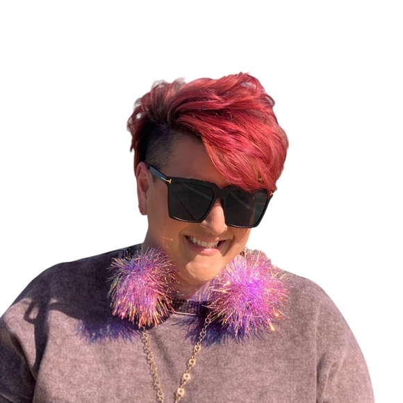 Mardi Gras Large Pom Pom Dangle Earrings Purple - Picture 3 of 3